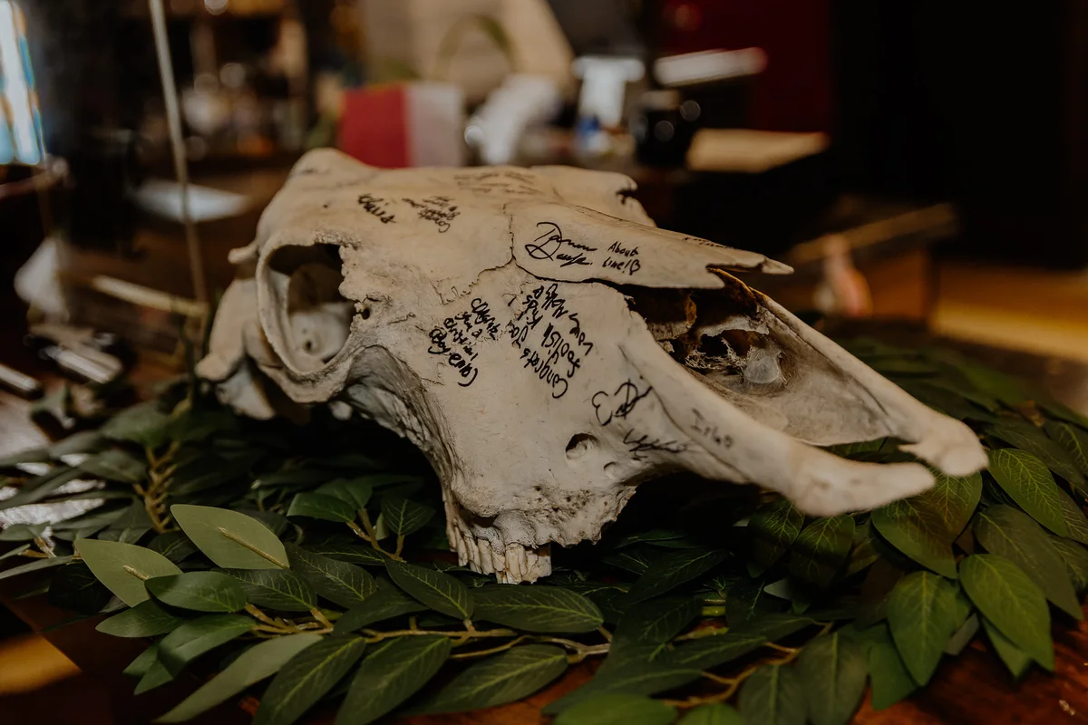 Signed cow skull on a bed of greenery, atmospheric wedding detail